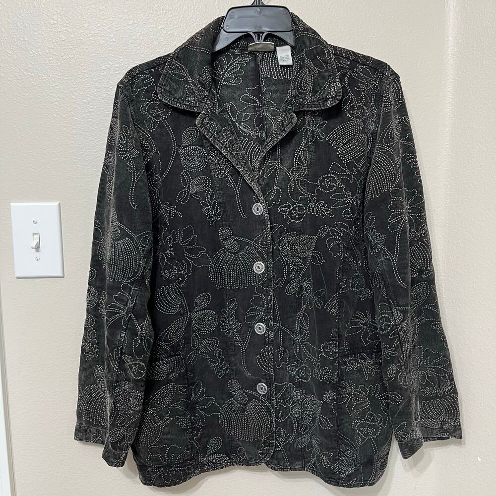 Chico’s Lightweight Corduroy Blazer Sz 1(8-10)Black Top Stitching Unlined Comfy